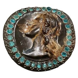 Vintage Faux Tortoiseshell Cameo Brooch with Turquoise Blue Rhinestones
